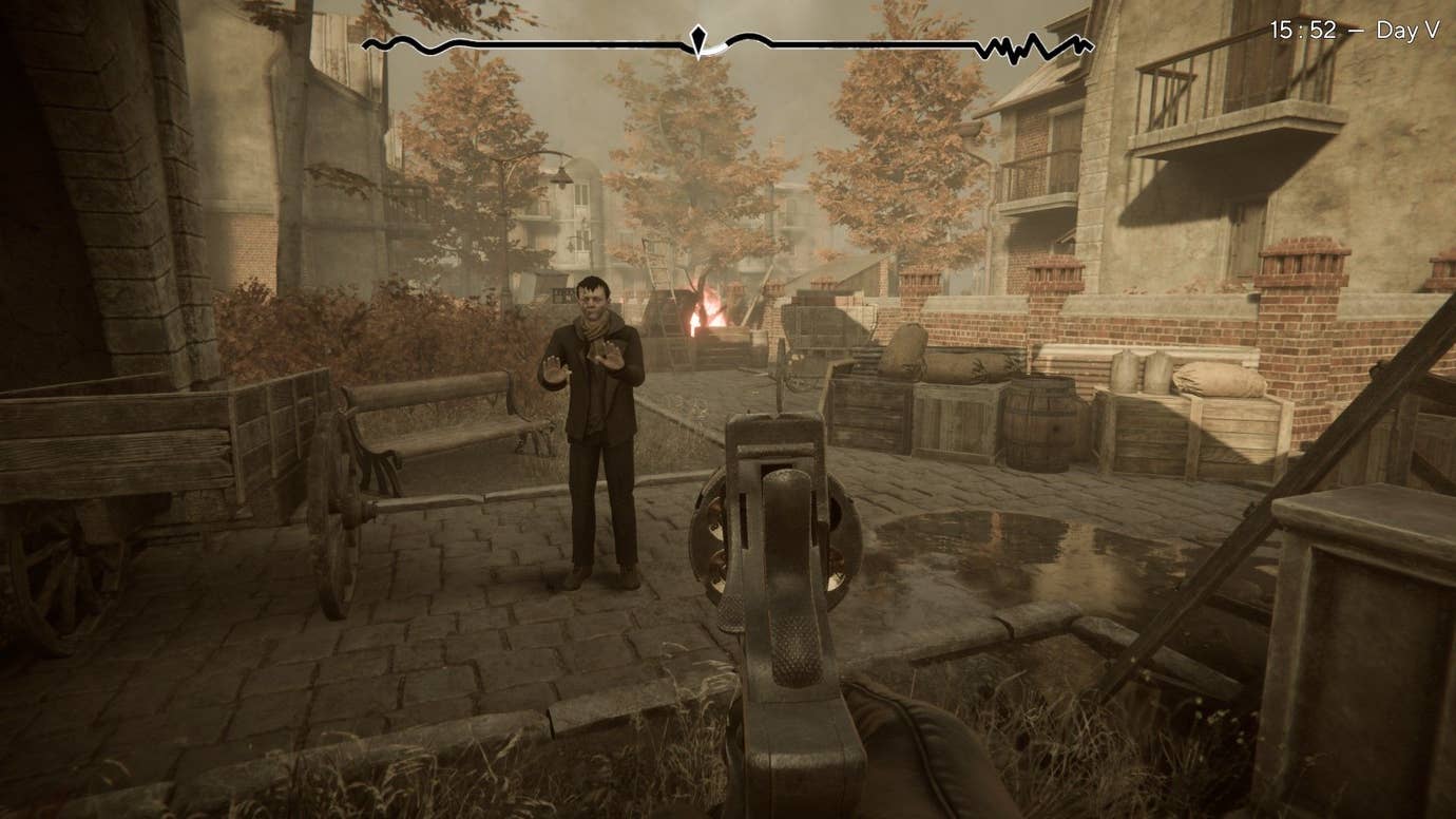 The player points a revolver at an assailant, who puts his hands up in response.